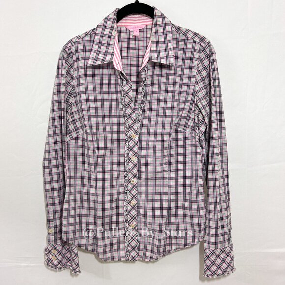 LILLY PULITZER Multicolor Plaid Long-Sleeve Ruffle Button-Front Shirt - Size 8 - Picture 13 of 16